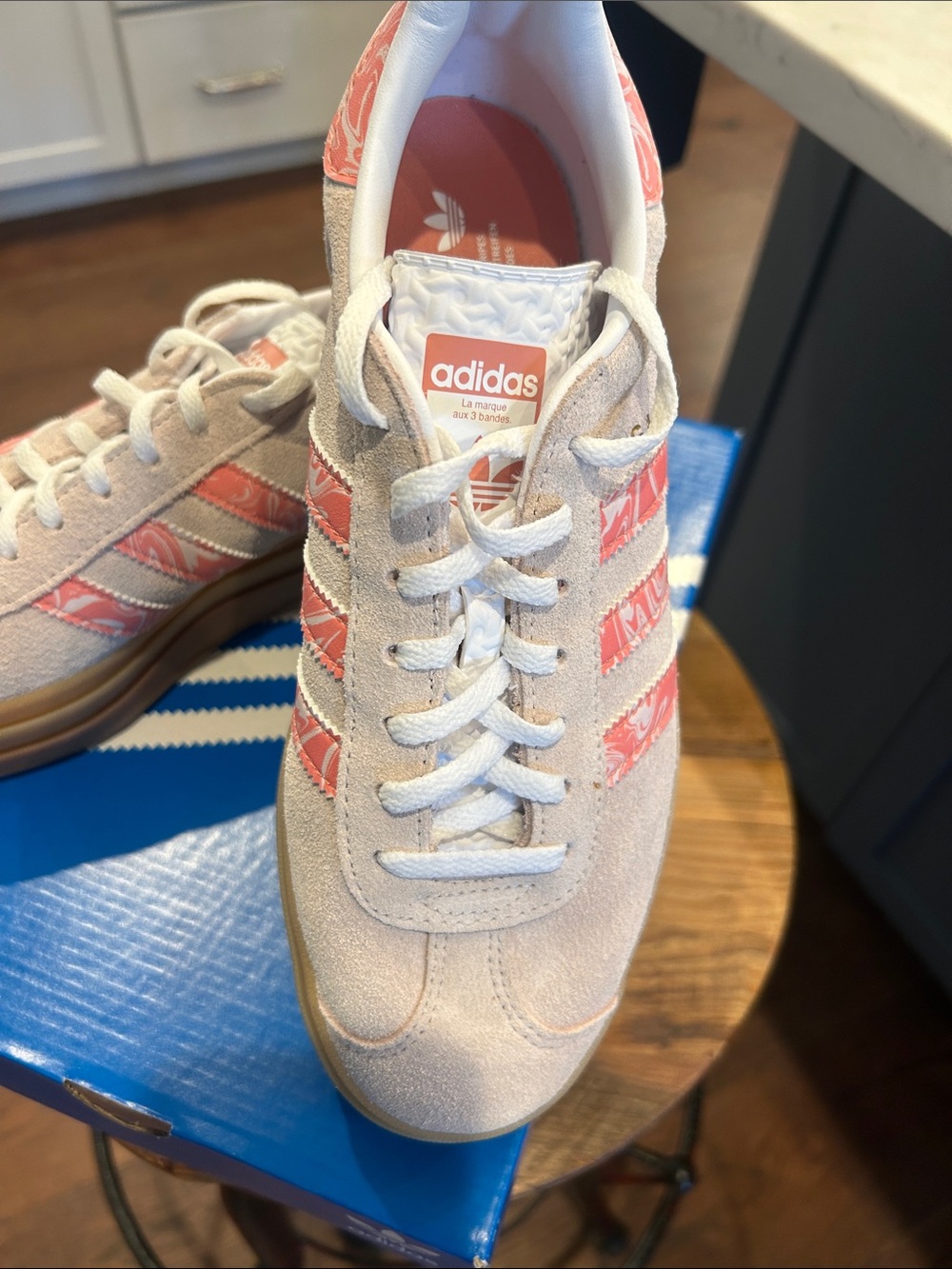 NWB adidas Gazelle Blush Suede Sneakers with Pink Swirl Accents - Picture 3 of 12